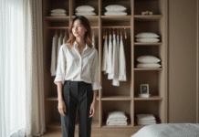 Jeune femme organisée devant un placard minimaliste