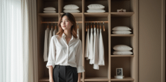 Jeune femme organisée devant un placard minimaliste