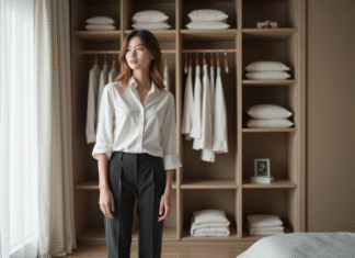 Garde-robe minimaliste : le nombre idéal de pièces pour un dressing épuré Jeune femme organisée devant un placard minimaliste