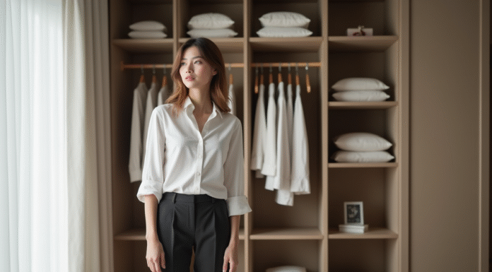 Garde-robe minimaliste : le nombre idéal de pièces pour un dressing épuré Jeune femme organisée devant un placard minimaliste
