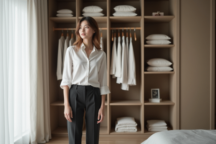 jeune-femme-organisation-wardrobe Jeune femme organisée devant un placard minimaliste