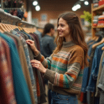 Environnement : l’impact des vêtements d’occasion sur la planète Jeune femme souriante dans une friperie vintage en pleine exploration
