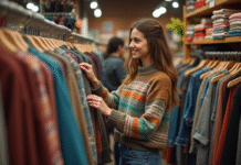 Jeune femme souriante dans une friperie vintage en pleine exploration