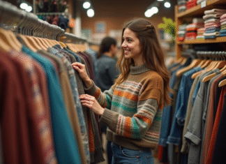 Environnement : l’impact des vêtements d’occasion sur la planète Jeune femme souriante dans une friperie vintage en pleine exploration