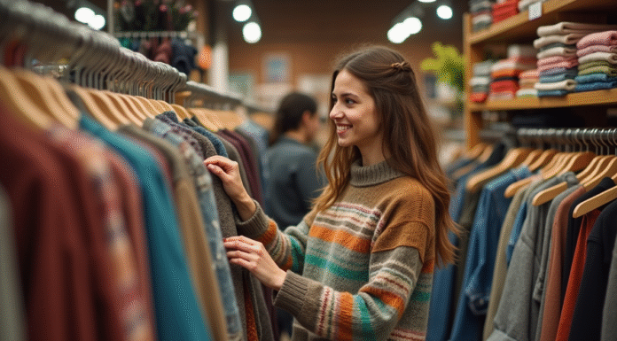 Environnement : l’impact des vêtements d’occasion sur la planète Jeune femme souriante dans une friperie vintage en pleine exploration