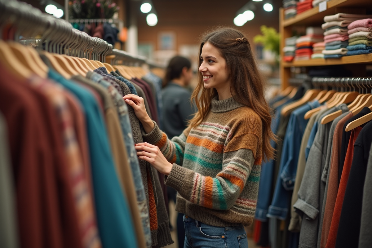 Jeune femme souriante dans une friperie vintage en pleine exploration