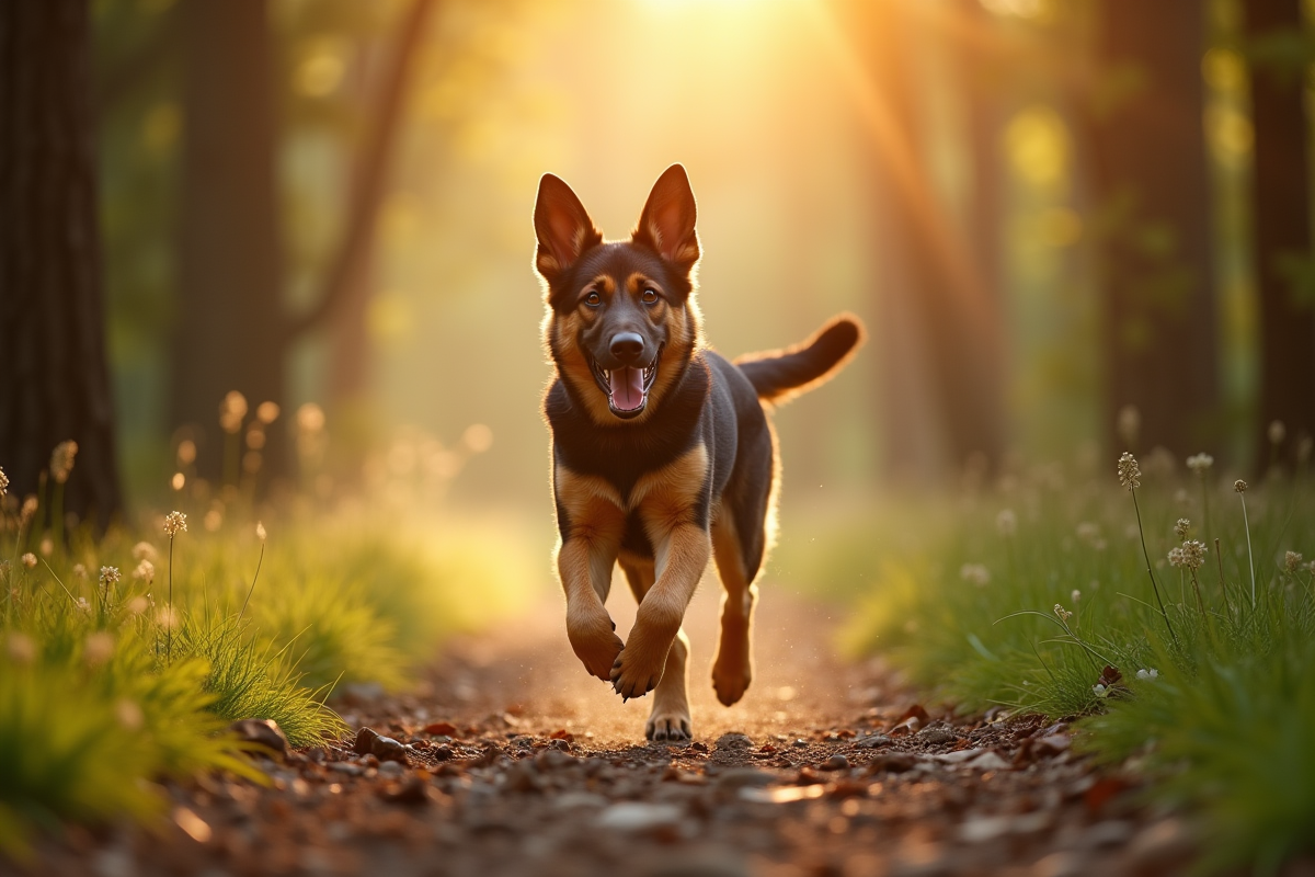 Jeune German Shepherd courant dans la forêt au matin