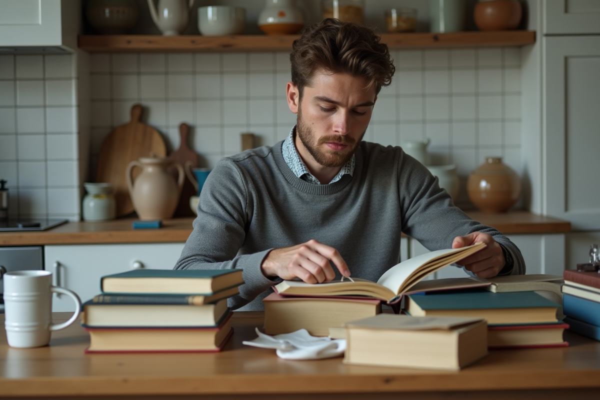 Jeune homme triant des livres et objets vintage dans sa cuisine