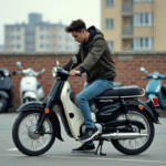 Jeune homme examine une moto vintage 50cc Dax en ville