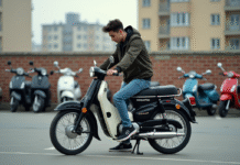 Jeune homme examine une moto vintage 50cc Dax en ville