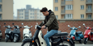 Jeune homme examine une moto vintage 50cc Dax en ville