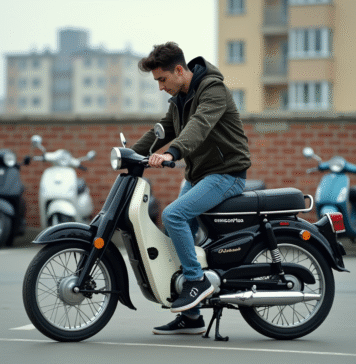 Jeune homme examine une moto vintage 50cc Dax en ville