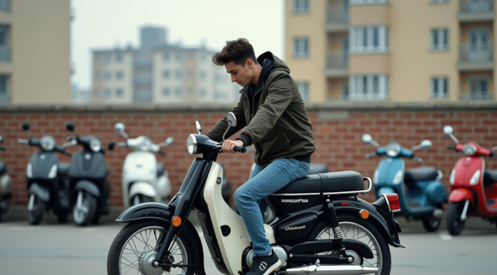 Jeune homme examine une moto vintage 50cc Dax en ville