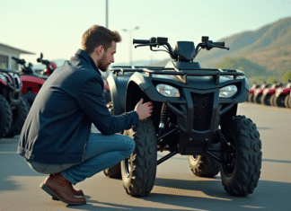 Comment dénicher un quad neuf à prix abordable sans compromettre la qualité Jeune homme inspectant un quad dans un concessionnaire en plein air