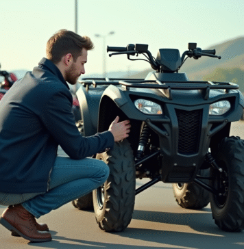 Jeune homme inspectant un quad dans un concessionnaire en plein air