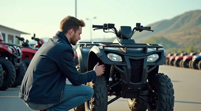Jeune homme inspectant un quad dans un concessionnaire en plein air