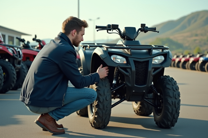 jeune-homme-quad-bike-depannage Jeune homme inspectant un quad dans un concessionnaire en plein air