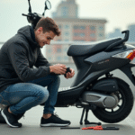 Jeune homme ajustant son scooter 50cc en ville