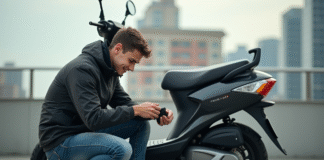 Comment sublimer les performances de votre scooter 2-temps 50cc ? Jeune homme ajustant son scooter 50cc en ville