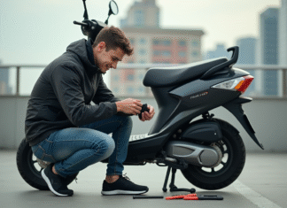 Jeune homme ajustant son scooter 50cc en ville