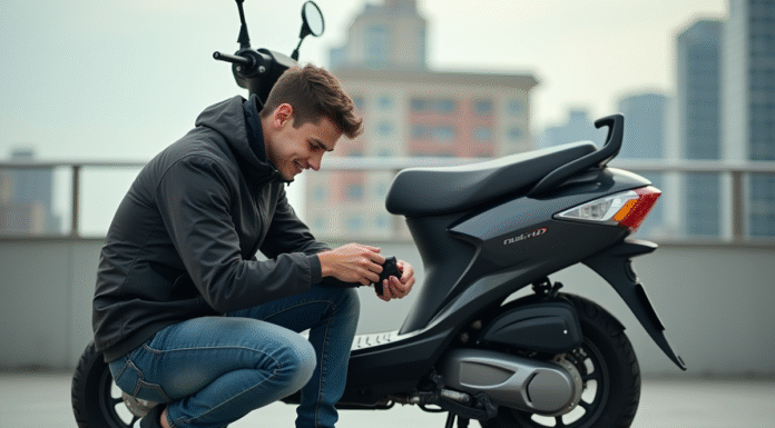 Jeune homme ajustant son scooter 50cc en ville