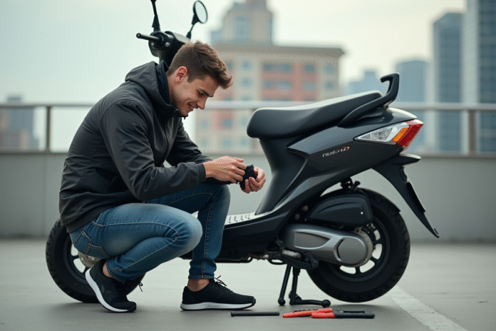 jeune-homme-reglage-scooter-urban Jeune homme ajustant son scooter 50cc en ville