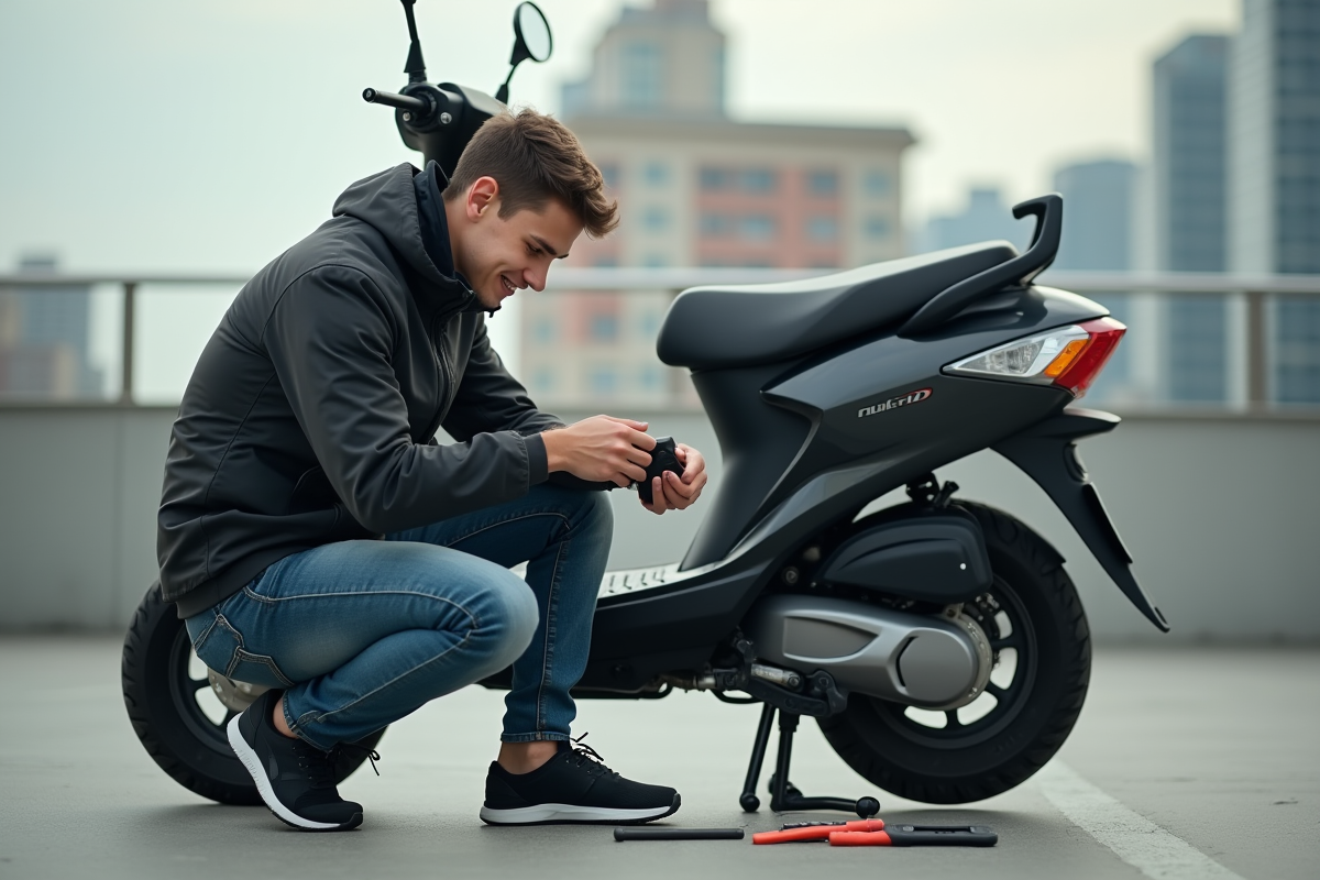 Jeune homme ajustant son scooter 50cc en ville