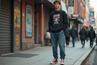 Jeune homme en streetwear vintage dans la ville