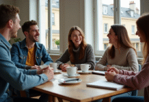 Jeunes adultes partageant un repas convivial à Paris