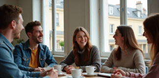 Jeunes adultes partageant un repas convivial à Paris