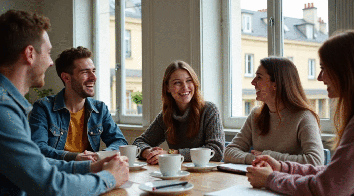 Jeunes adultes partageant un repas convivial à Paris