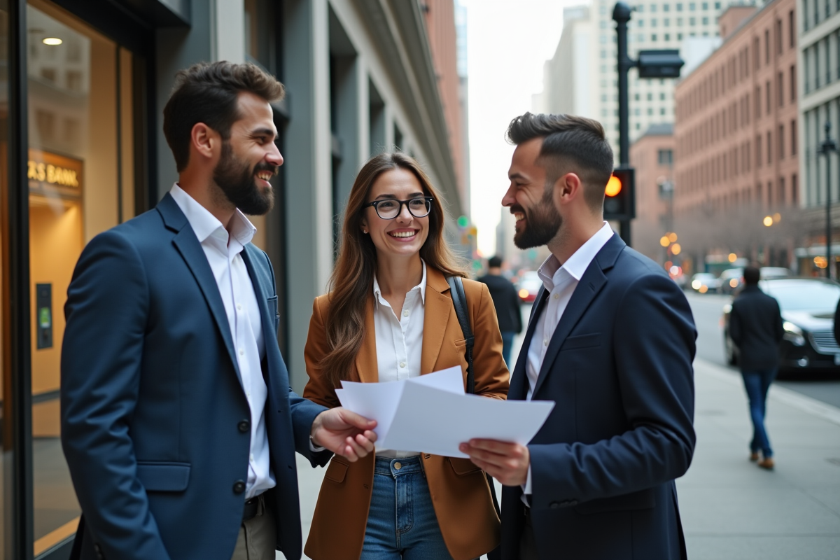 Groupe de jeunes discutant de finances dans la rue