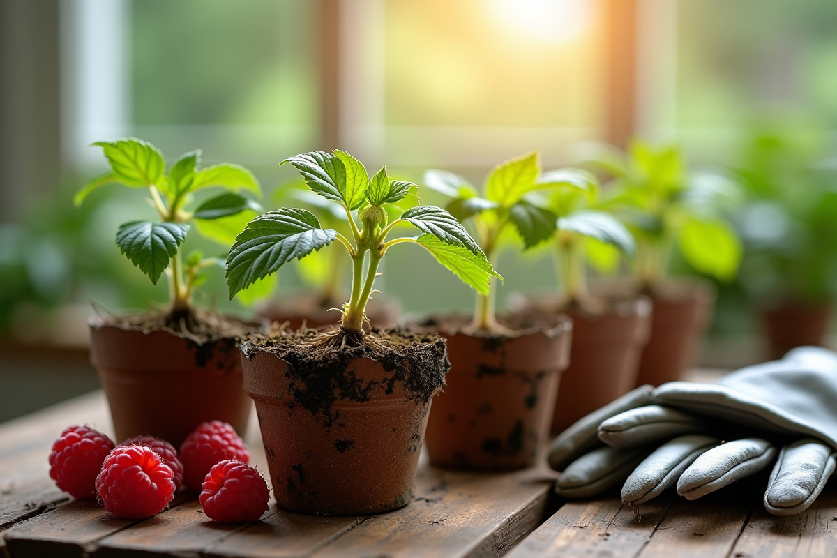 Jeunes plants de framboisier en pots avec outils de jardinage