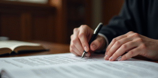 Main de juge examinant des documents juridiques importants