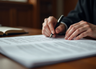 Main de juge examinant des documents juridiques importants