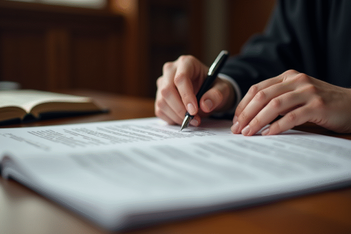 juge-documents-justice Main de juge examinant des documents juridiques importants