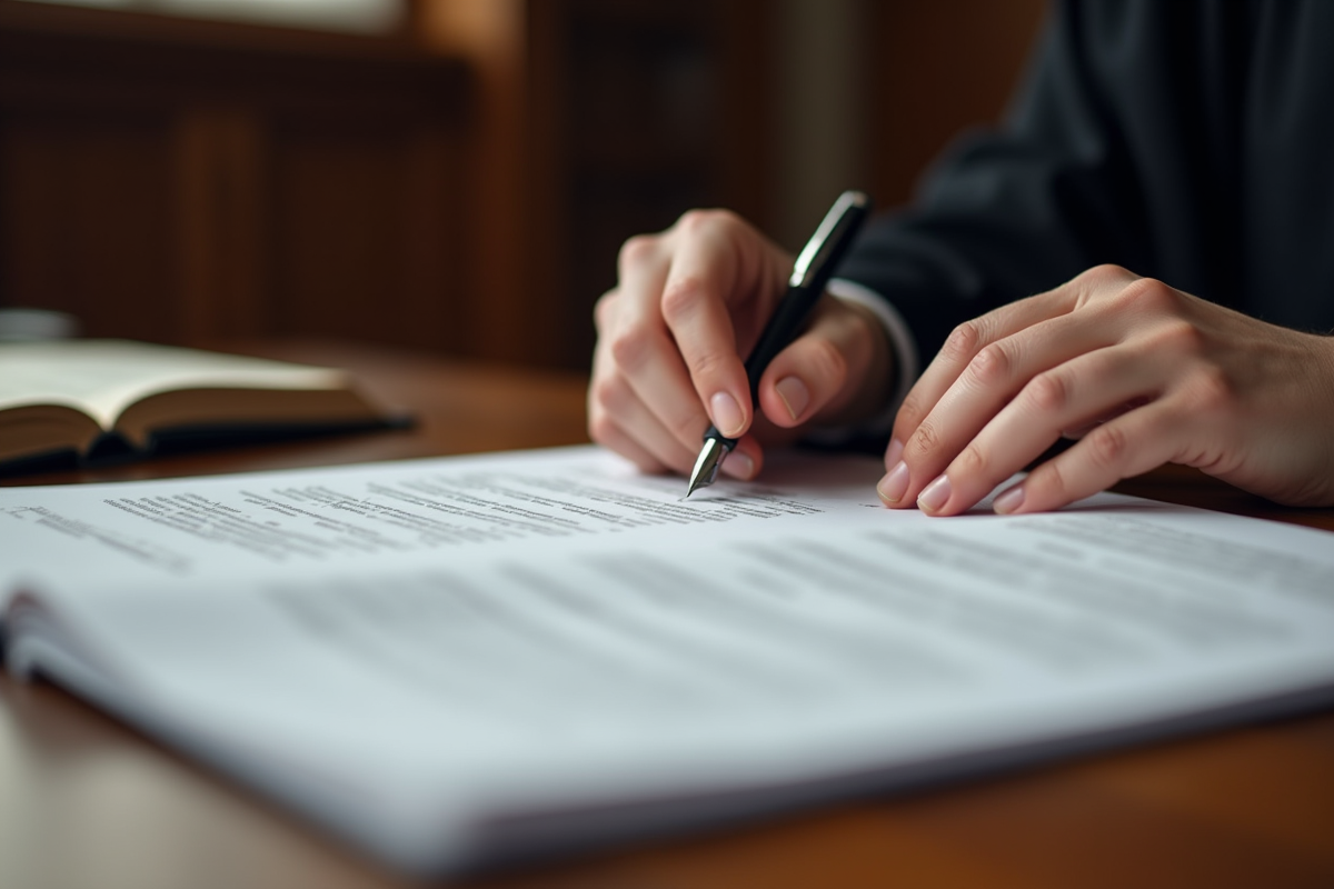 Main de juge examinant des documents juridiques importants