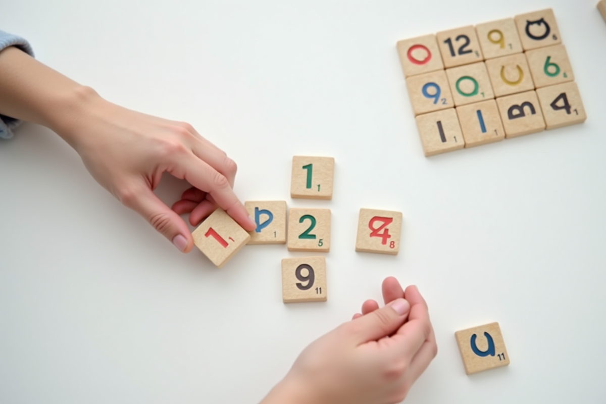 Mains manipulant des tuiles de Rummikub sur une table blanche