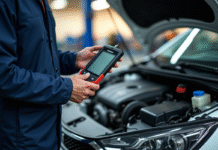 Mécanicien avec outil diagnostic à côté d'une Peugeot moderne