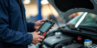 Mécanicien avec outil diagnostic à côté d'une Peugeot moderne