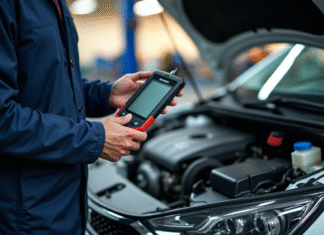 Mécanicien avec outil diagnostic à côté d'une Peugeot moderne