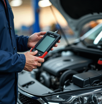 Les causes et solutions de l’erreur P1351 sur une Peugeot Mécanicien avec outil diagnostic à côté d'une Peugeot moderne