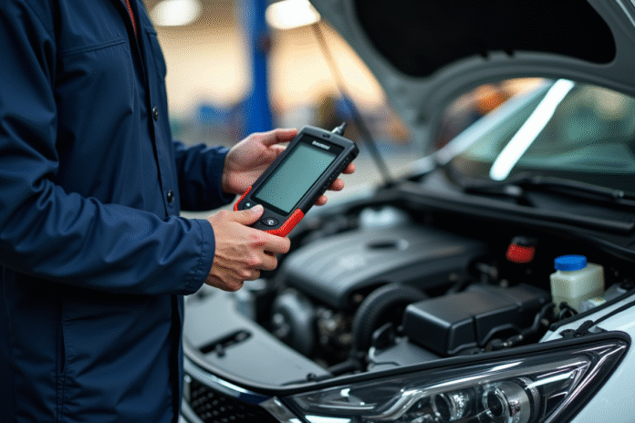 mecanicien-voiture-peugeot-diagnostic Mécanicien avec outil diagnostic à côté d'une Peugeot moderne