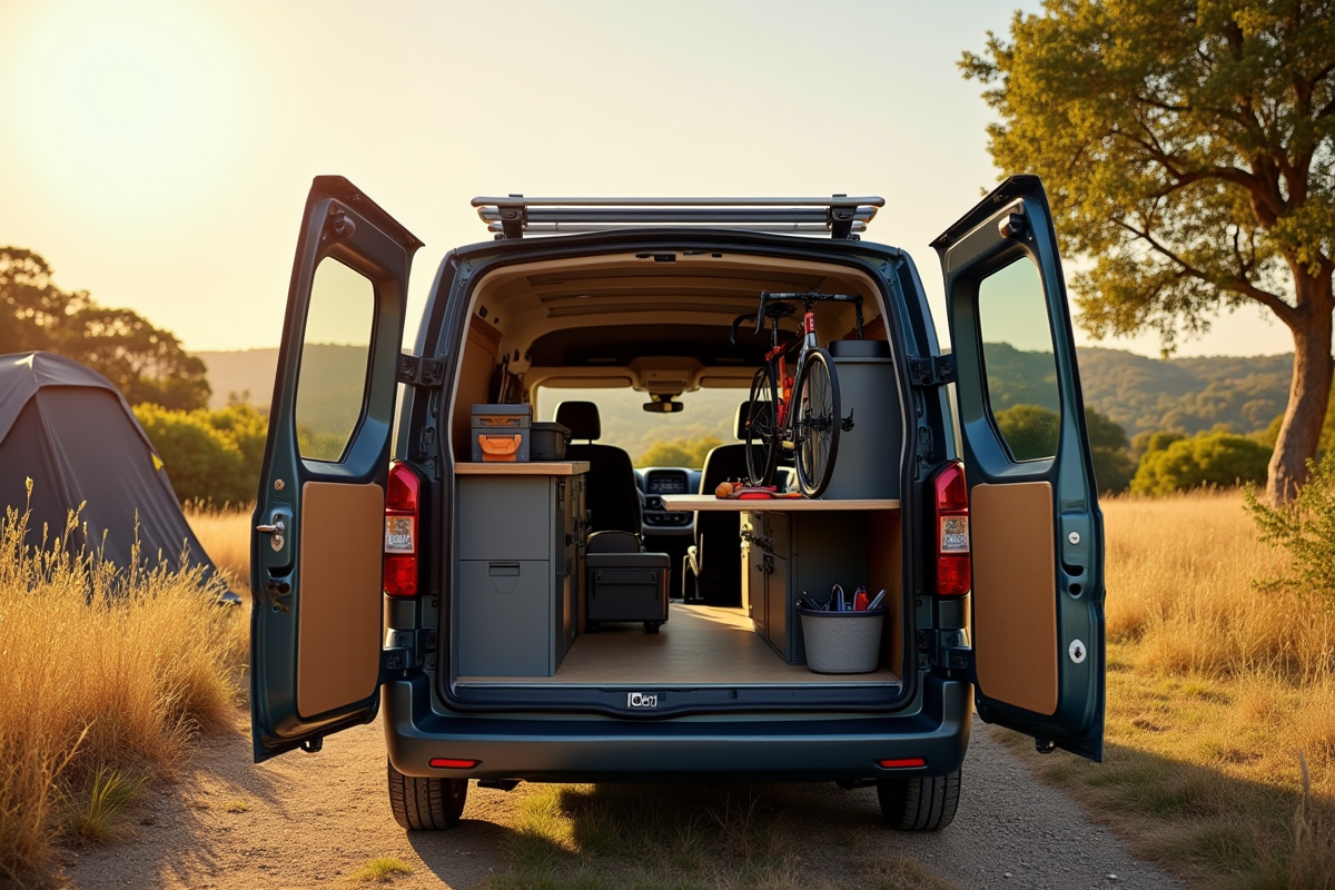 Peugeot Expert garé en camping avec espace de travail et nature