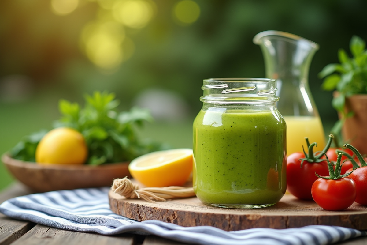 Scène de pique-nique avec gazpacho vert et légumes frais