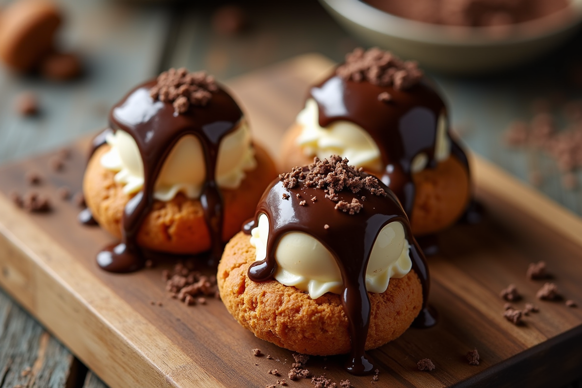 Profiteroles au chocolat et glace sur table en bois