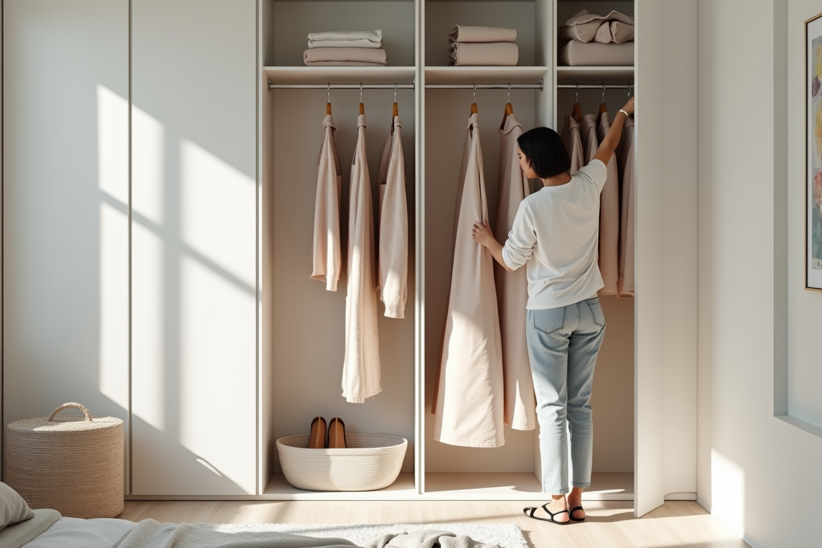 Personne rangeant des robes dans une armoire blanche minimaliste