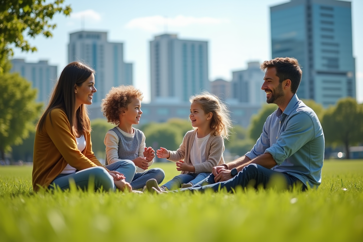 Deux familles culturelles se rencontrent dans un parc ensoleille