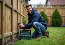 Jeune homme répare une clôture en bois dans un jardin