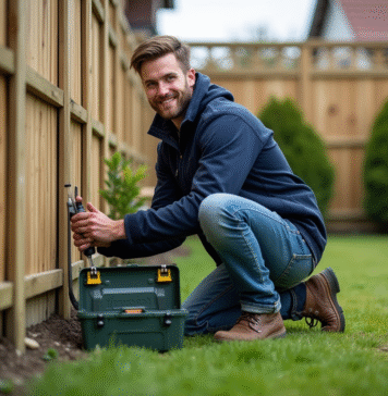 Jeune homme répare une clôture en bois dans un jardin
